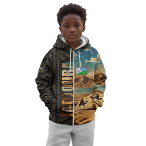 Djibouti Desert Kid Hoodie Camel Riders and African Pattern