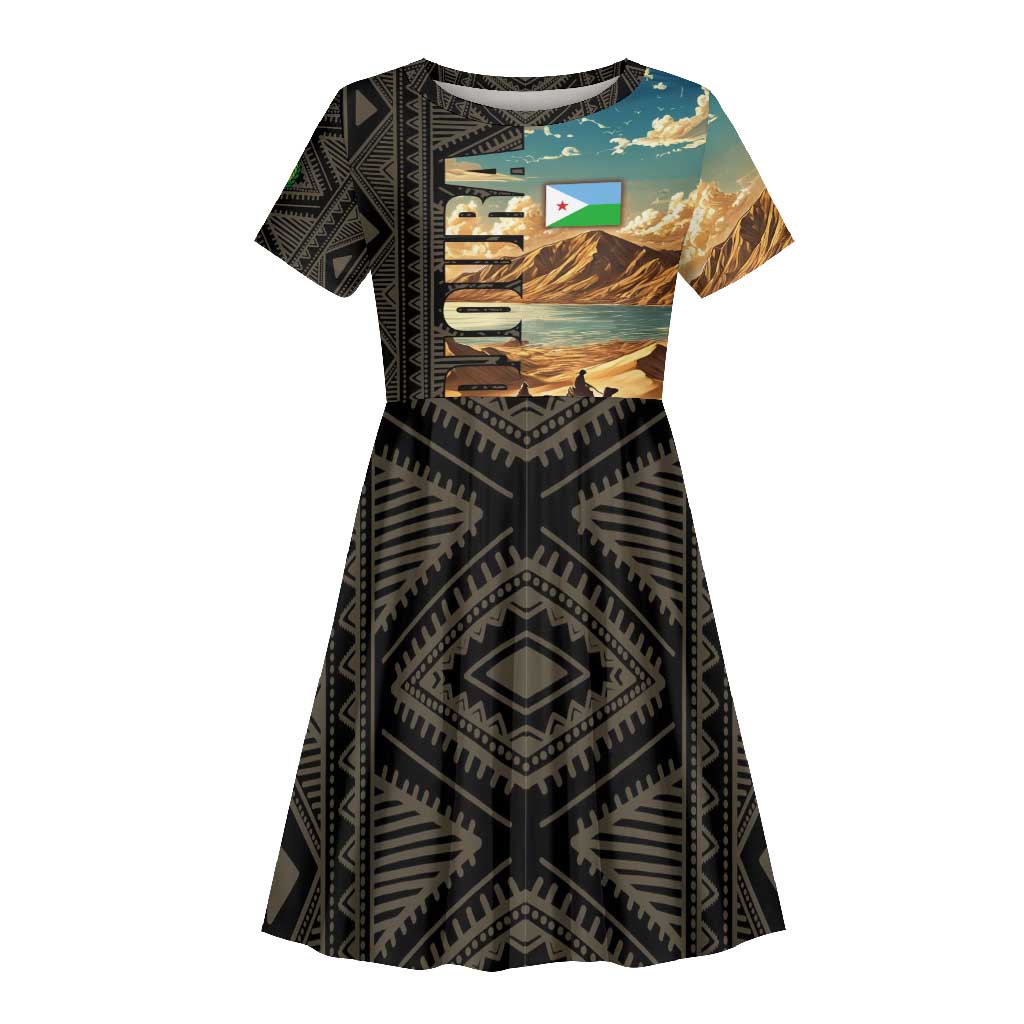 Djibouti Desert Kid Short Sleeve Dress Camel Riders and African Pattern