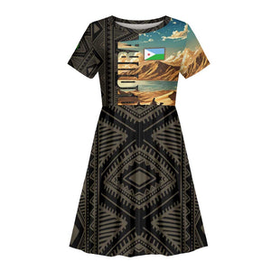 Djibouti Desert Kid Short Sleeve Dress Camel Riders and African Pattern