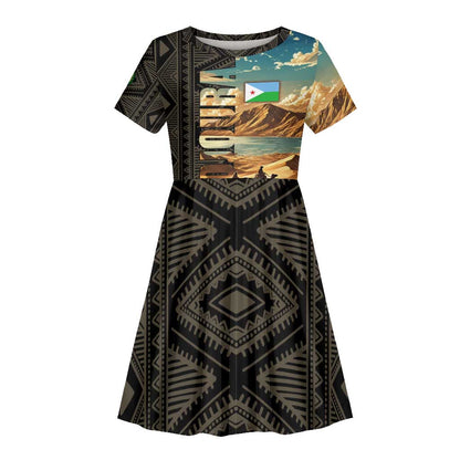 Djibouti Desert Kid Short Sleeve Dress Camel Riders and African Pattern