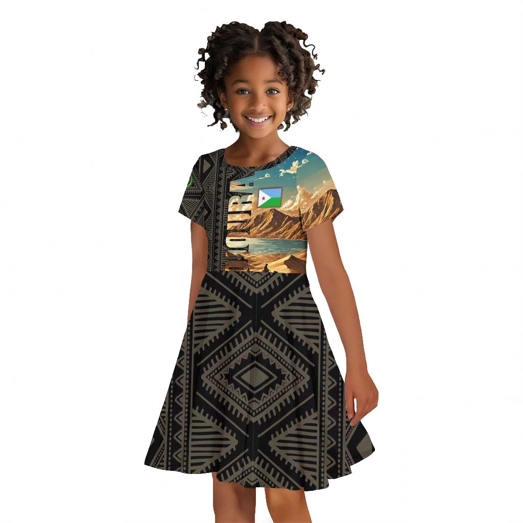 Djibouti Desert Kid Short Sleeve Dress Camel Riders and African Pattern