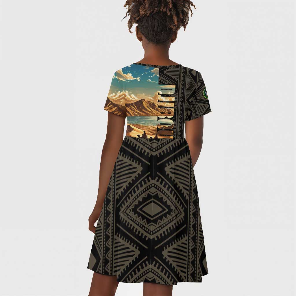 Djibouti Desert Kid Short Sleeve Dress Camel Riders and African Pattern