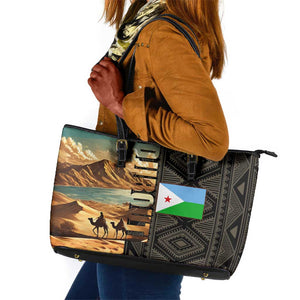 Djibouti Desert Leather Tote Bag Camel Riders and African Pattern
