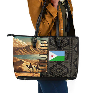Djibouti Desert Leather Tote Bag Camel Riders and African Pattern