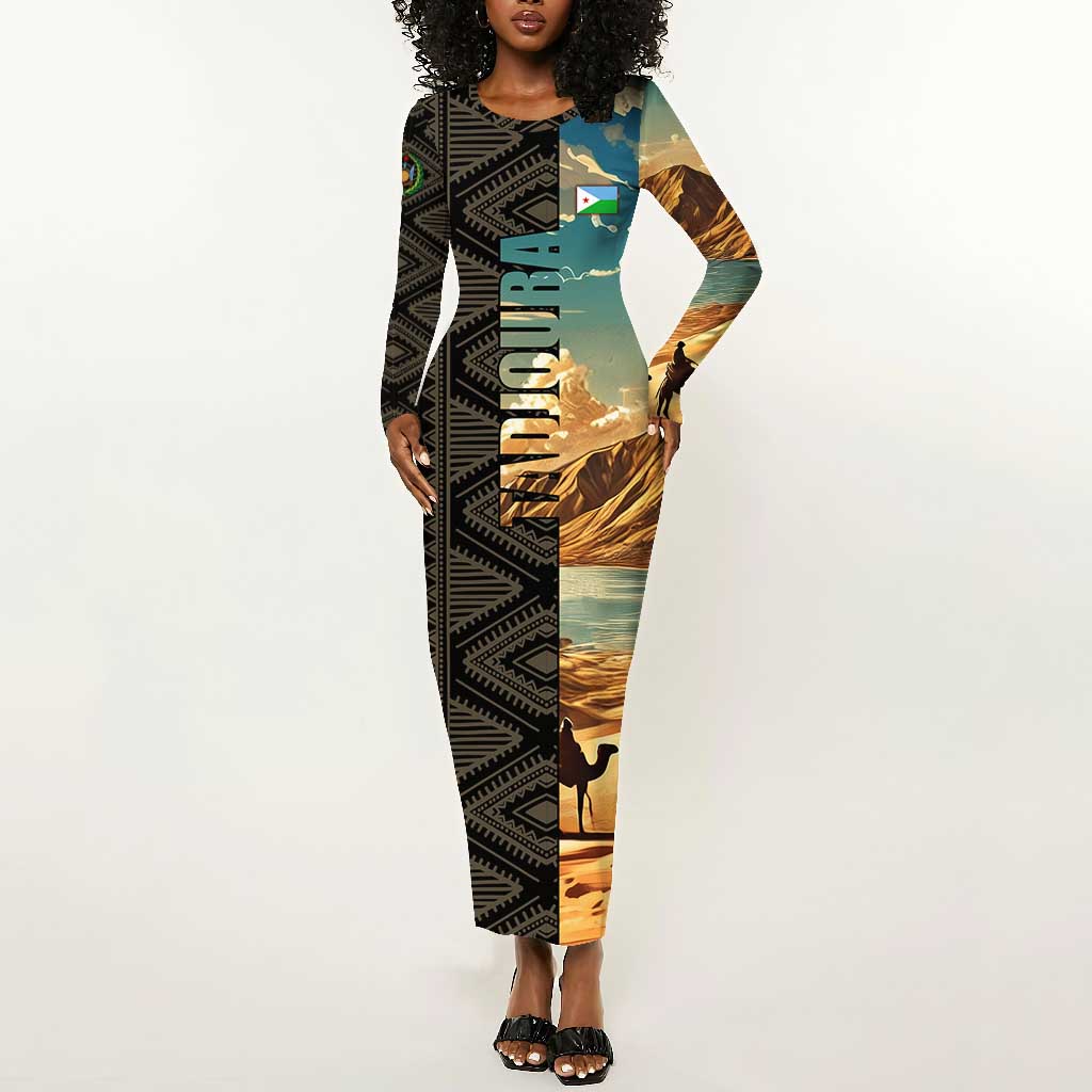 Djibouti Desert Long Sleeve Bodycon Dress Camel Riders and African Pattern TS04