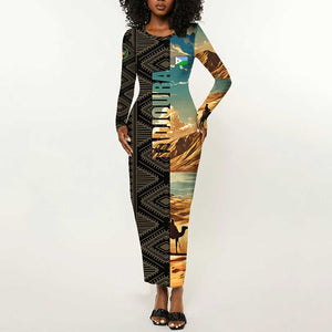 Djibouti Desert Long Sleeve Bodycon Dress Camel Riders and African Pattern TS04