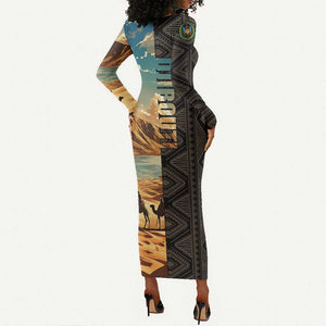 Djibouti Desert Long Sleeve Bodycon Dress Camel Riders and African Pattern TS04