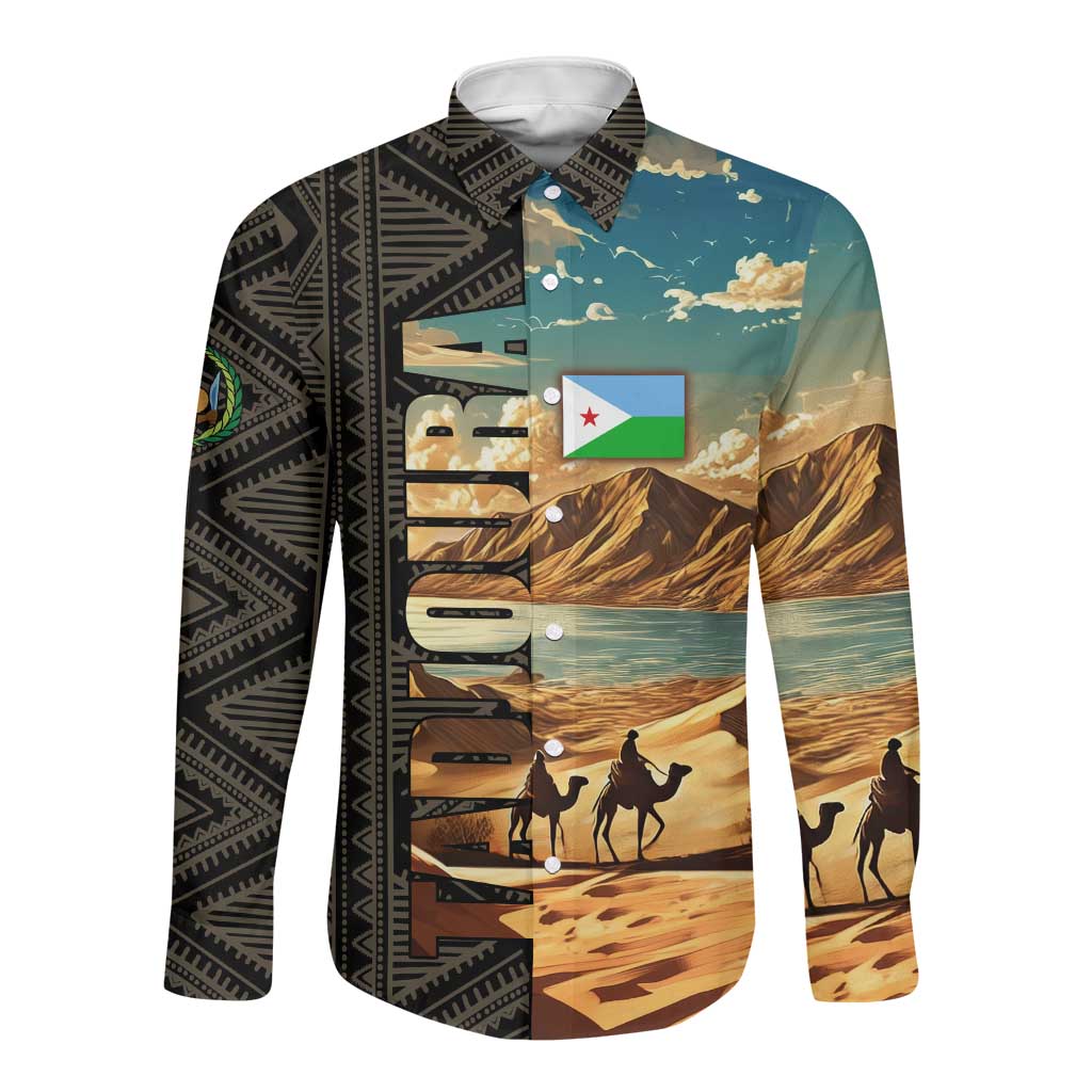 Djibouti Desert Long Sleeve Button Shirt Camel Riders and African Pattern