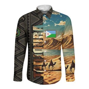 Djibouti Desert Long Sleeve Button Shirt Camel Riders and African Pattern