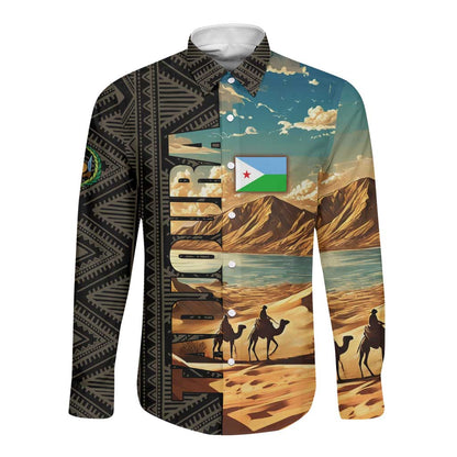 Djibouti Desert Long Sleeve Button Shirt Camel Riders and African Pattern
