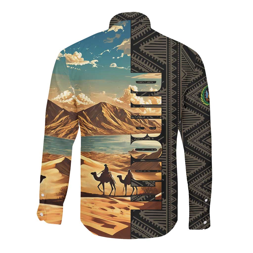 Djibouti Desert Long Sleeve Button Shirt Camel Riders and African Pattern