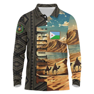 Djibouti Desert Long Sleeve Polo Shirt Camel Riders and African Pattern