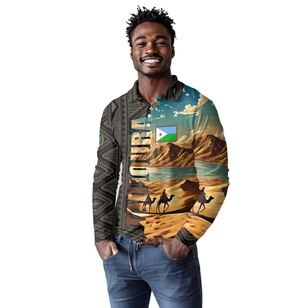 Djibouti Desert Long Sleeve Polo Shirt Camel Riders and African Pattern
