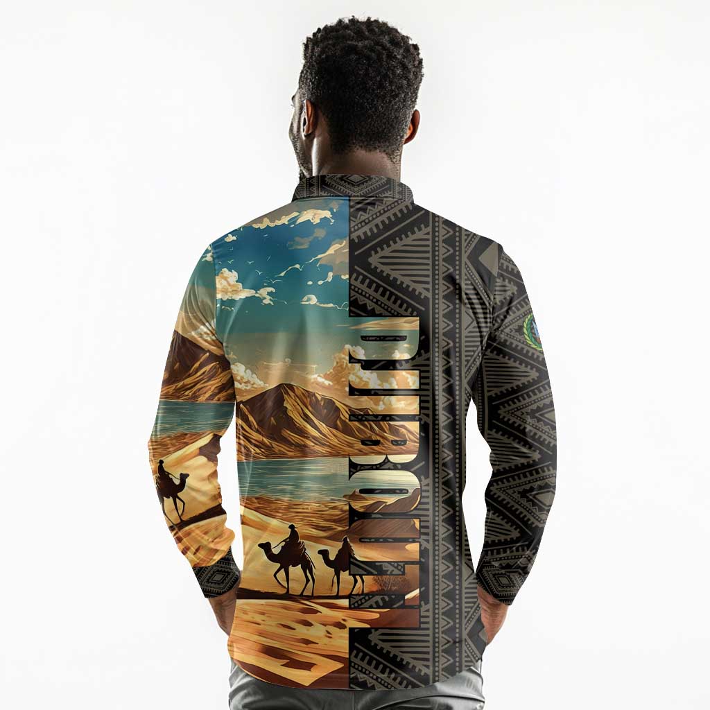 Djibouti Desert Long Sleeve Polo Shirt Camel Riders and African Pattern