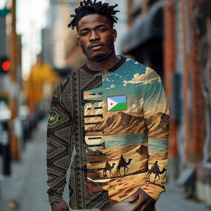 Djibouti Desert Long Sleeve Shirt Camel Riders and African Pattern