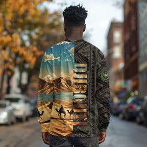 Djibouti Desert Long Sleeve Shirt Camel Riders and African Pattern