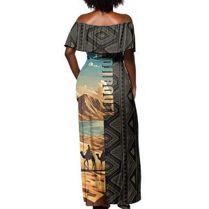 Djibouti Desert Off Shoulder Maxi Dress Camel Riders and African Pattern