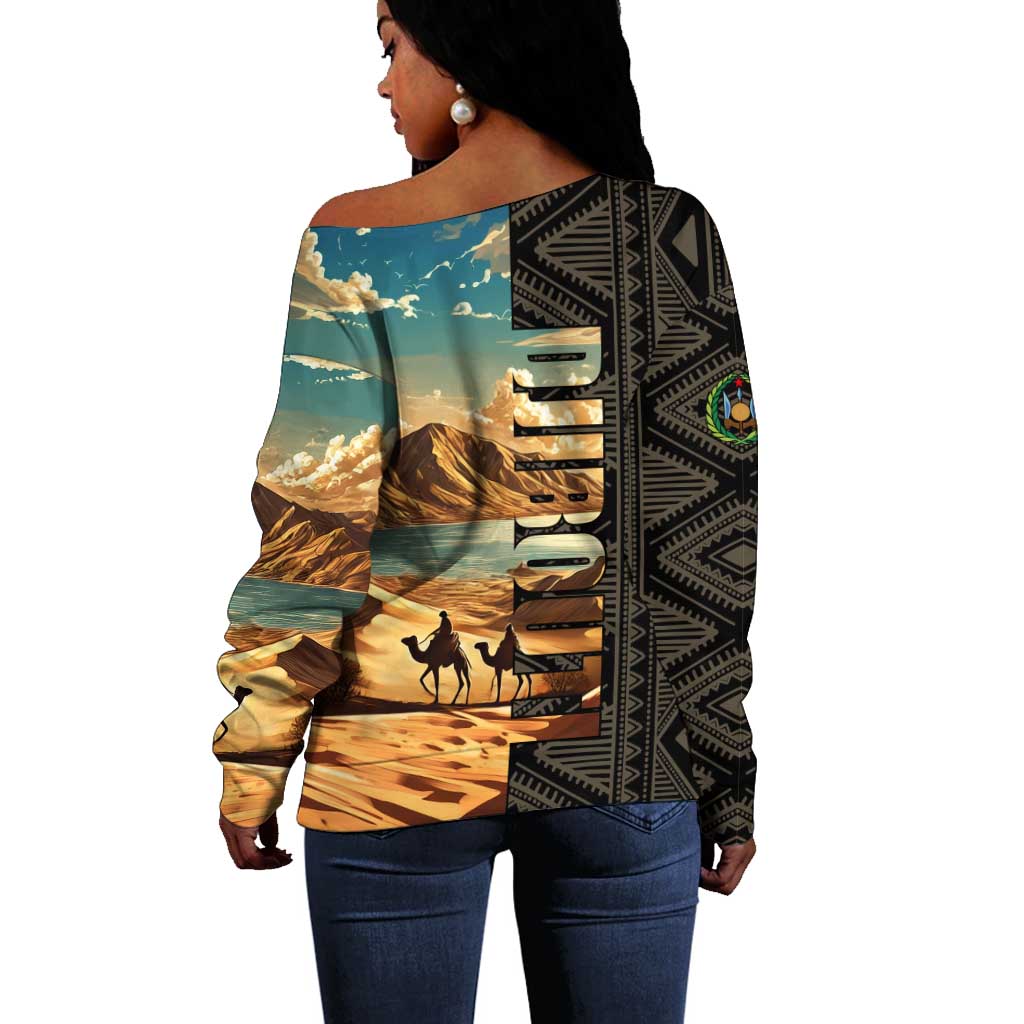 Djibouti Desert Off Shoulder Sweater Camel Riders and African Pattern