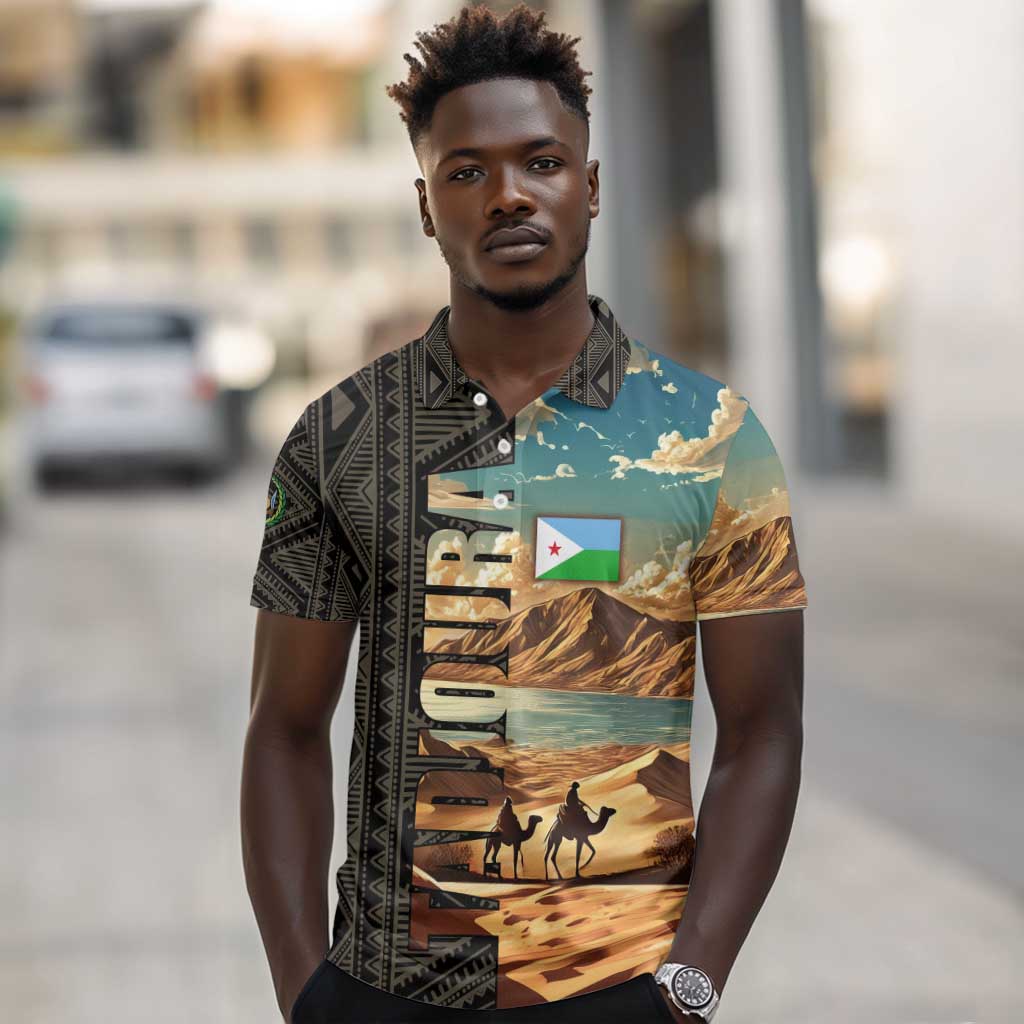 Djibouti Desert Polo Shirt Camel Riders and African Pattern