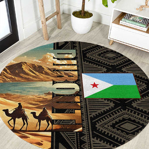 Djibouti Desert Round Carpet Camel Riders and African Pattern