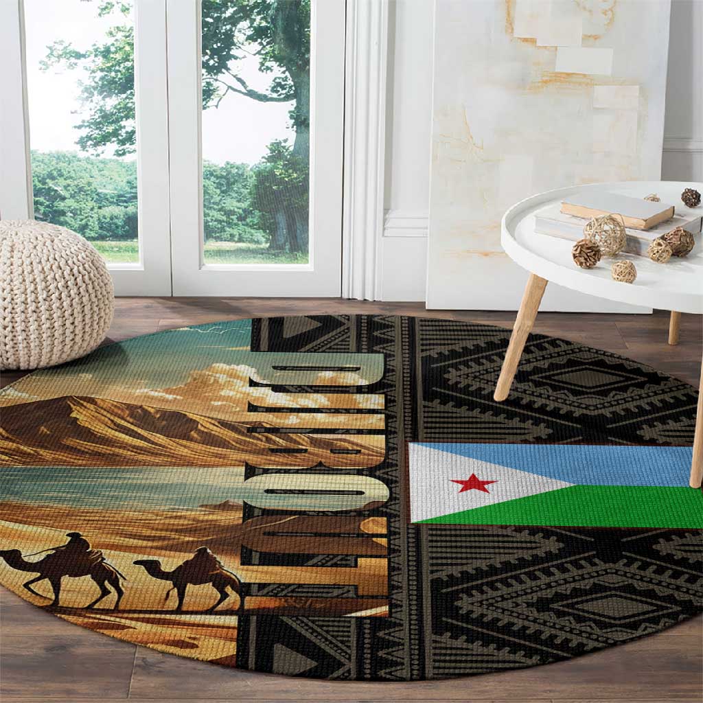 Djibouti Desert Round Carpet Camel Riders and African Pattern