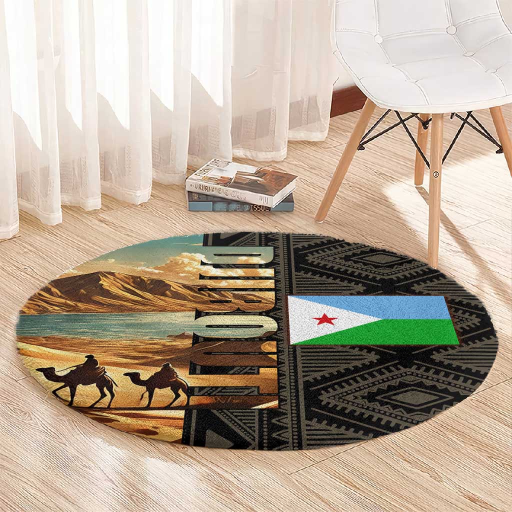 Djibouti Desert Round Carpet Camel Riders and African Pattern