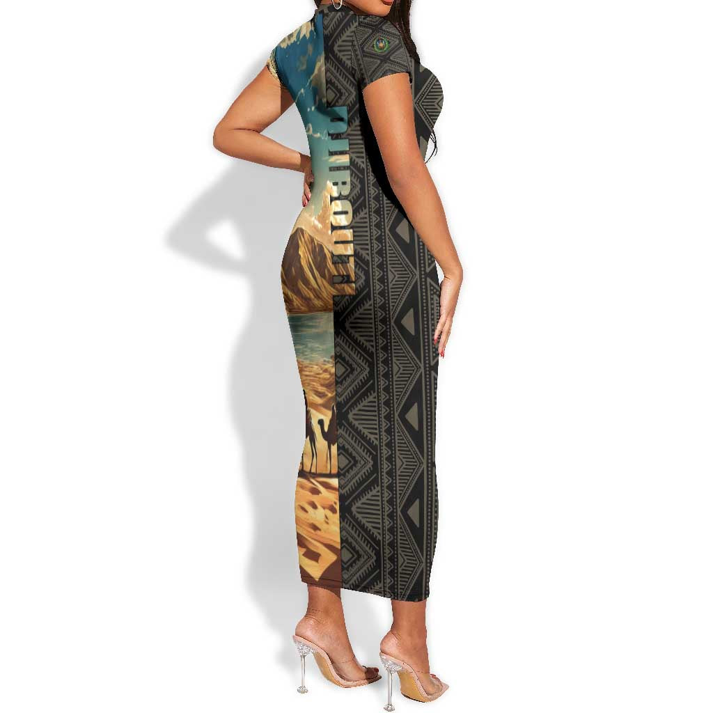 Djibouti Desert Short Sleeve Bodycon Dress Camel Riders and African Pattern TS04