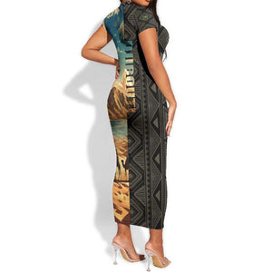 Djibouti Desert Short Sleeve Bodycon Dress Camel Riders and African Pattern TS04