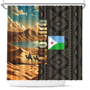 Djibouti Desert Shower Curtain Camel Riders and African Pattern
