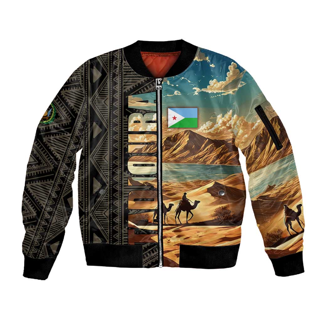 Djibouti Desert Sleeve Zip Bomber Jacket Camel Riders and African Pattern