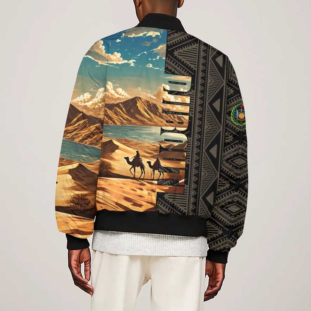 Djibouti Desert Sleeve Zip Bomber Jacket Camel Riders and African Pattern
