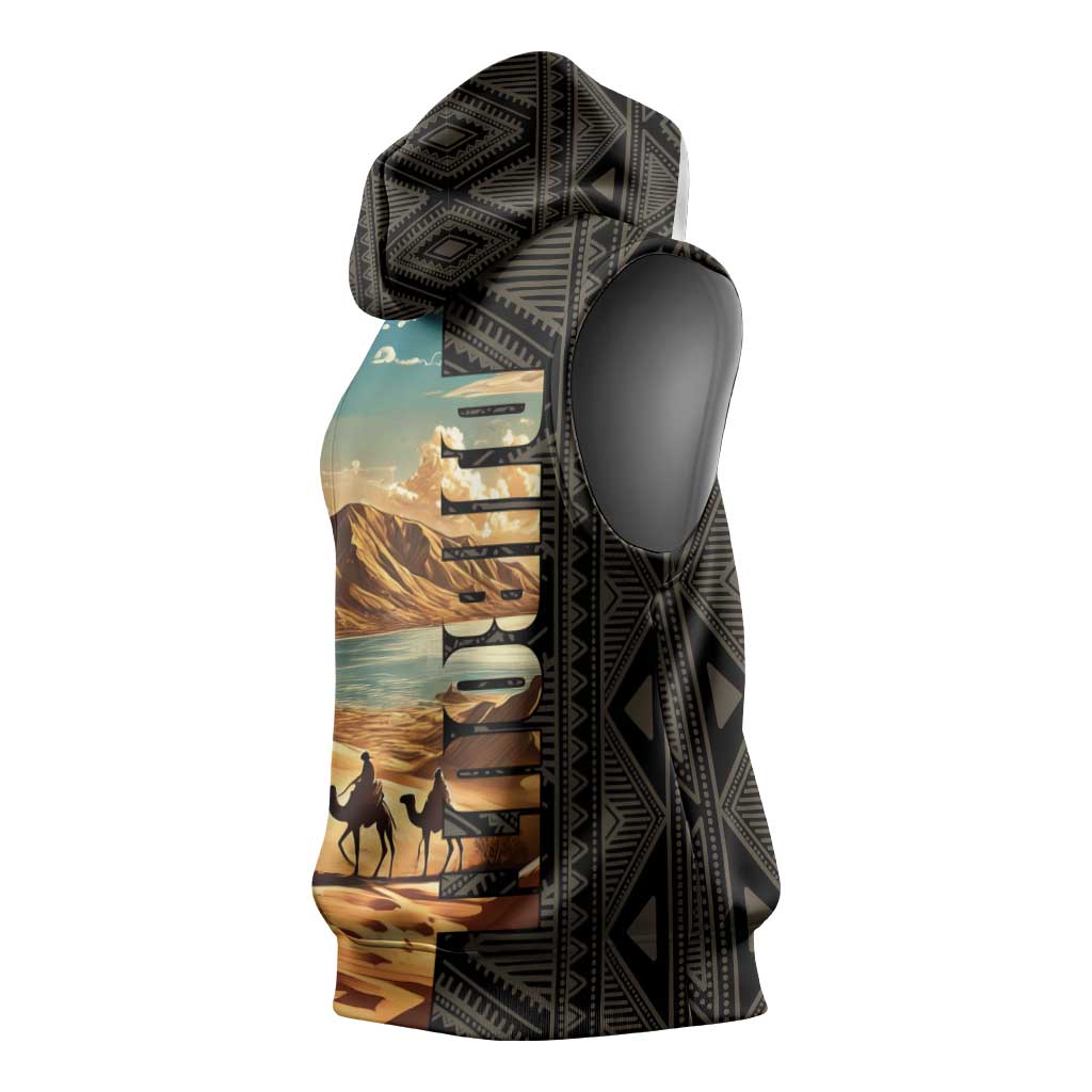 Djibouti Desert Sleeveless Hoodie Camel Riders and African Pattern - African Pride