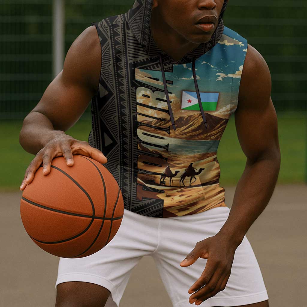 Djibouti Desert Sleeveless Hoodie Camel Riders and African Pattern - African Pride