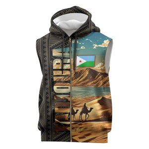 Djibouti Desert Sleeveless Zip Hoodie Camel Riders and African Pattern - African Pride