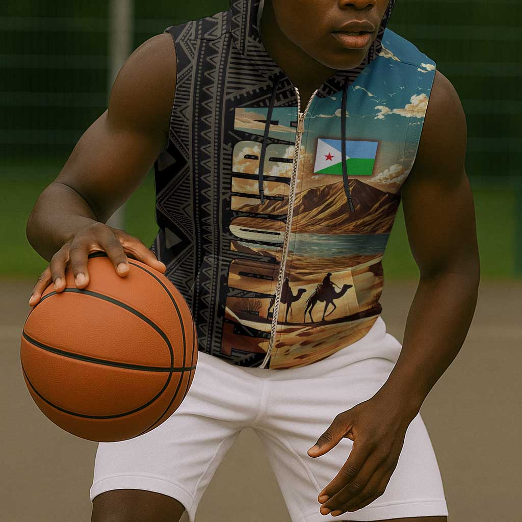 Djibouti Desert Sleeveless Zip Hoodie Camel Riders and African Pattern - African Pride