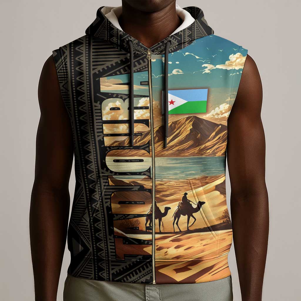 Djibouti Desert Sleeveless Zip Hoodie Camel Riders and African Pattern - African Pride
