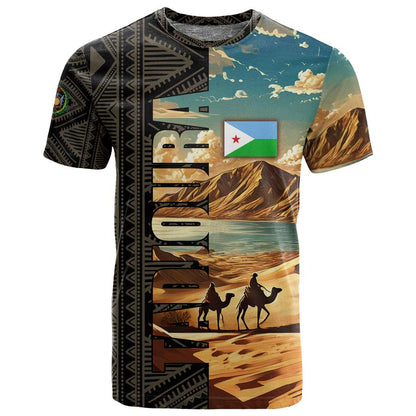 Djibouti Desert T shirt Camel Riders and African Pattern