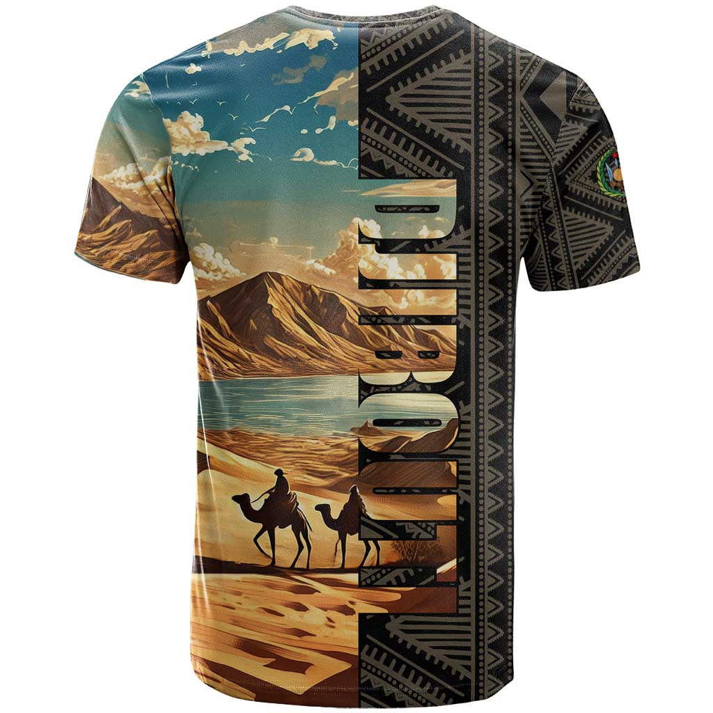 Djibouti Desert T shirt Camel Riders and African Pattern