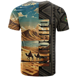 Djibouti Desert T shirt Camel Riders and African Pattern
