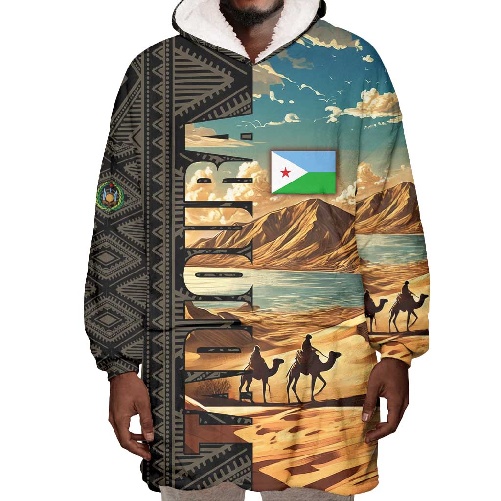 Djibouti Desert Wearable Blanket Hoodie Camel Riders and African Pattern