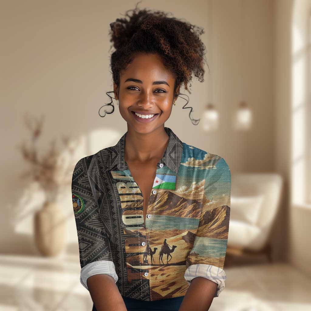 Djibouti Desert Women Casual Shirt Camel Riders and African Pattern