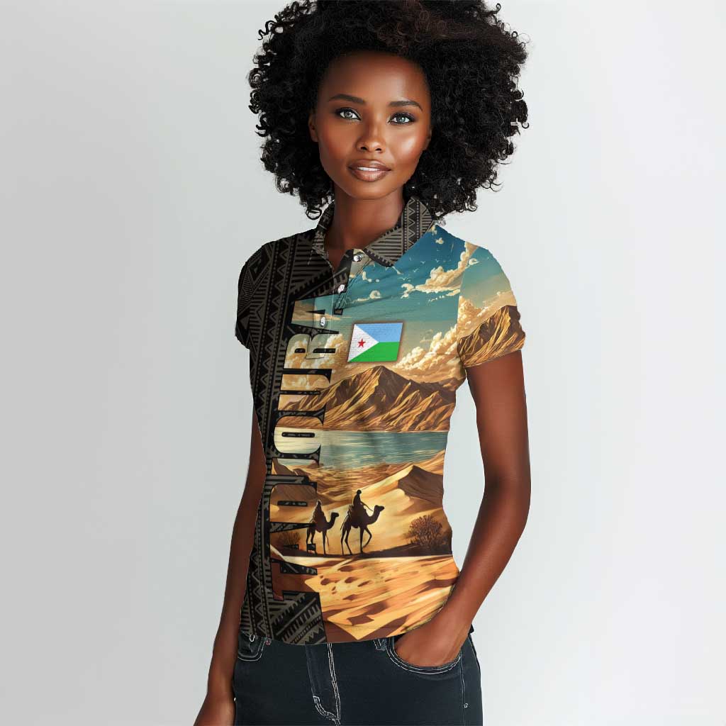Djibouti Desert Women Polo Shirt Camel Riders and African Pattern