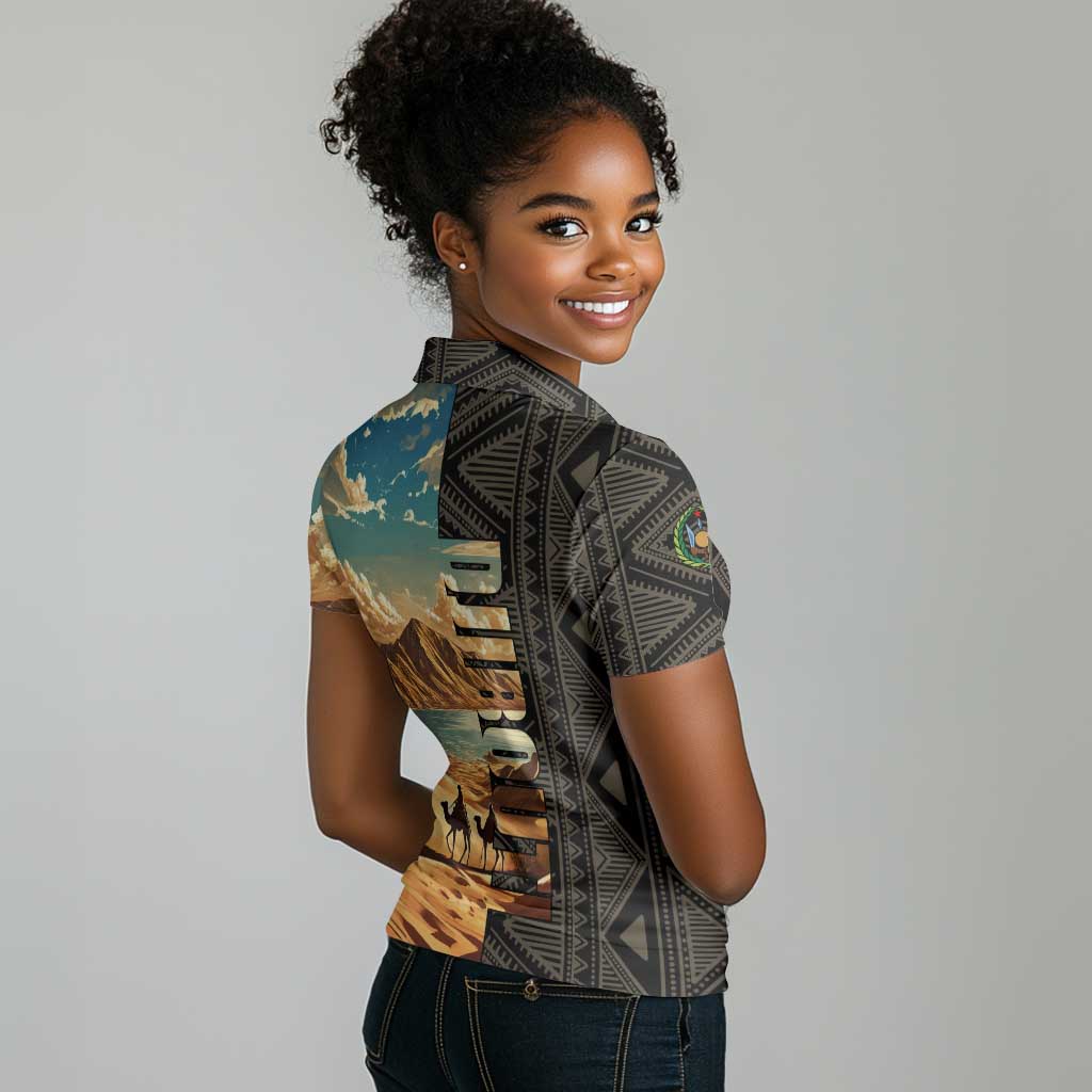 Djibouti Desert Women Polo Shirt Camel Riders and African Pattern