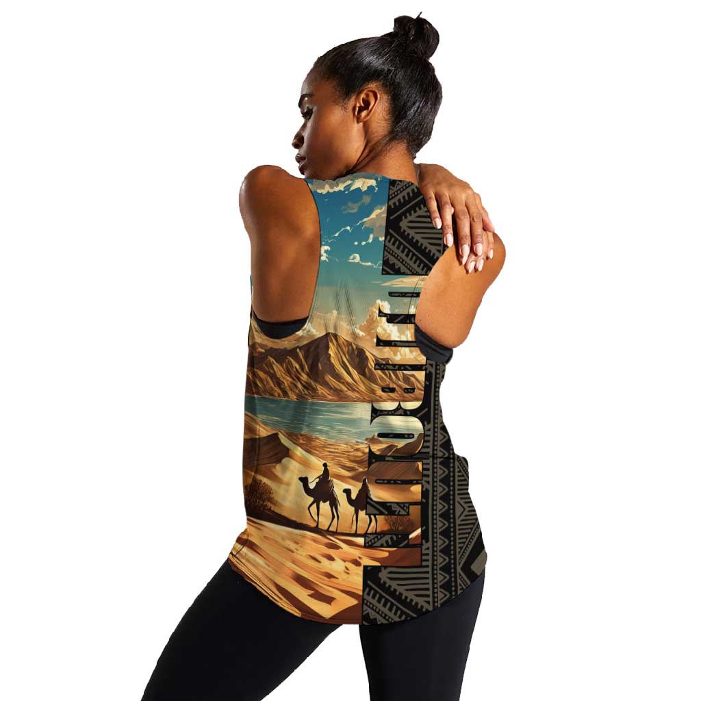 Djibouti Desert Women Racerback Tank Camel Riders and African Pattern