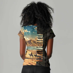 Djibouti Desert Women V-Neck T-Shirt Camel Riders and African Pattern