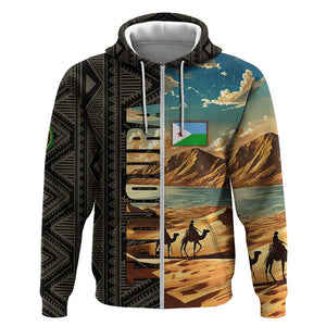 Djibouti Desert Zip Hoodie Camel Riders and African Pattern