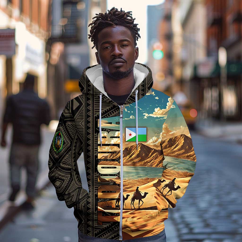 Djibouti Desert Zip Hoodie Camel Riders and African Pattern