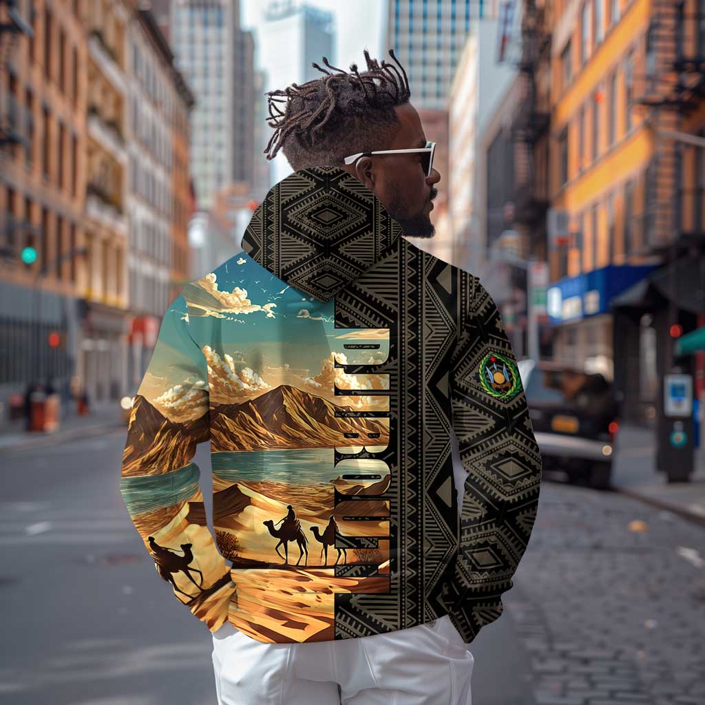 Djibouti Desert Zip Hoodie Camel Riders and African Pattern