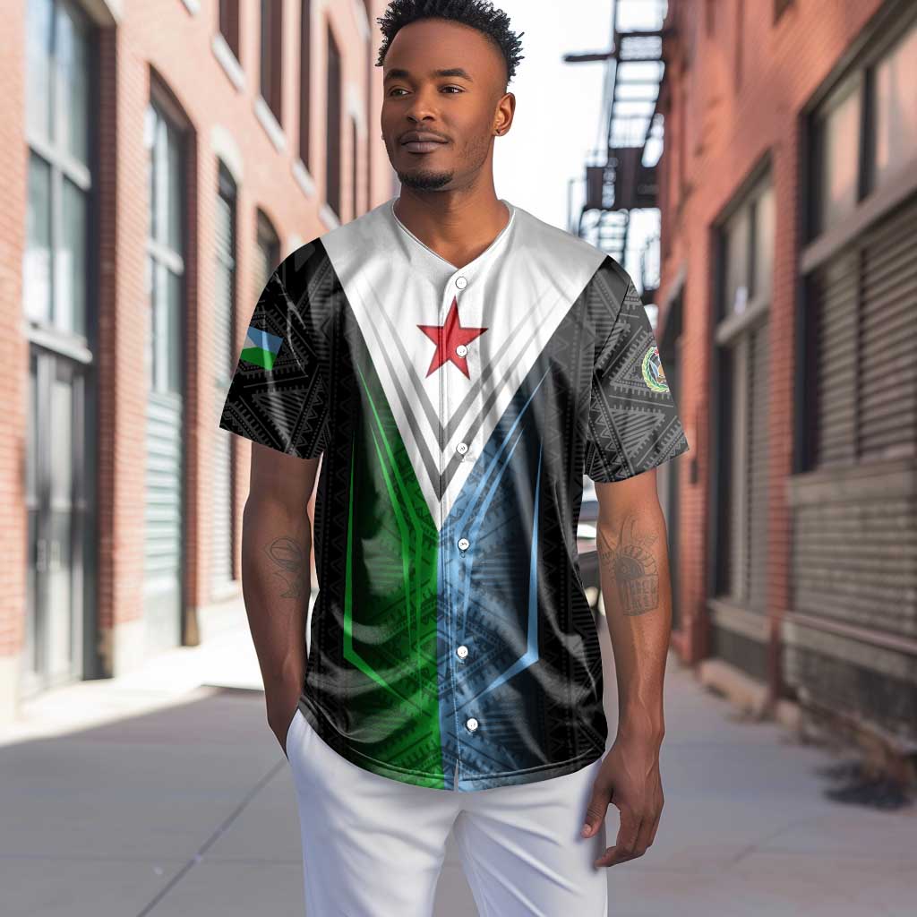 Djibouti Africa Baseball Jersey Tribal Geometry Meets National Colors and Red Star Boldness