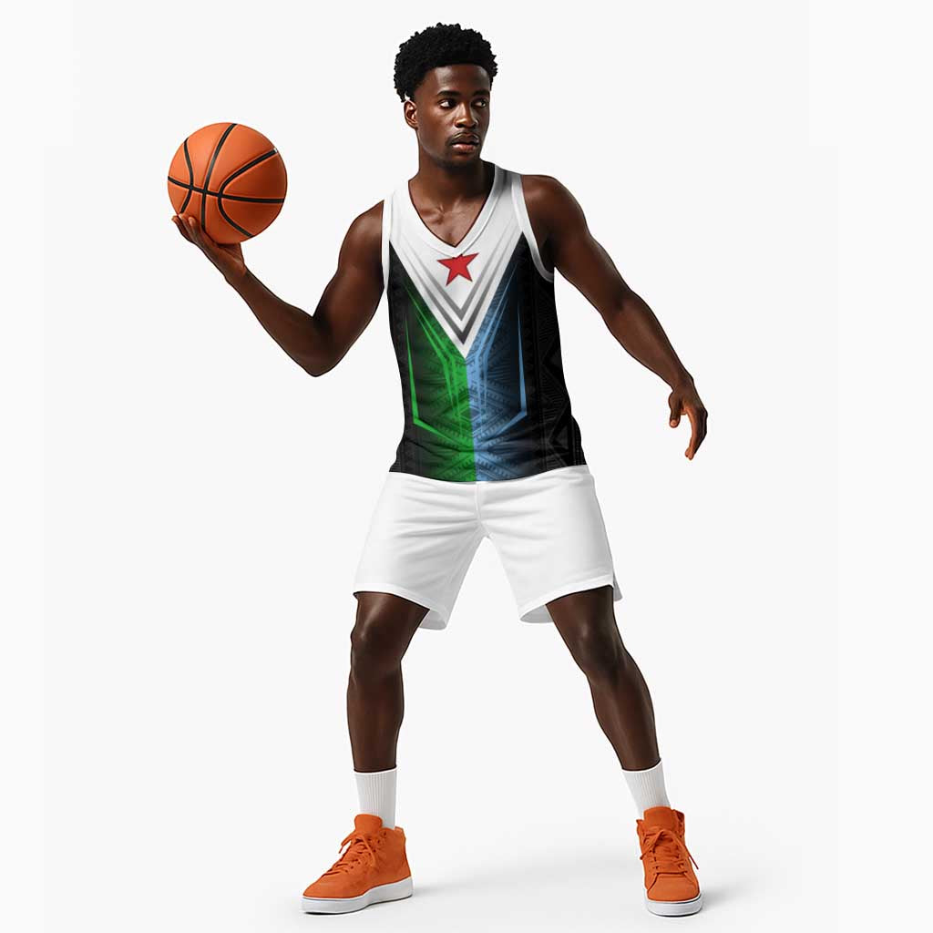 Djibouti Africa Basketball Jersey Tribal Geometry Meets National Colors and Red Star Boldness - African Pride